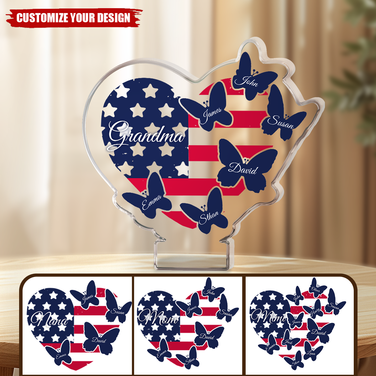 Mimi Butterfly American Flag Heart 4th Of July, Personalized Acrylic Plaque