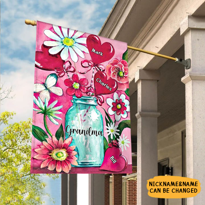 Personalized Heart Pink Bouquet Jar Decorative Garden Flags-Gift For Grandma Mom
