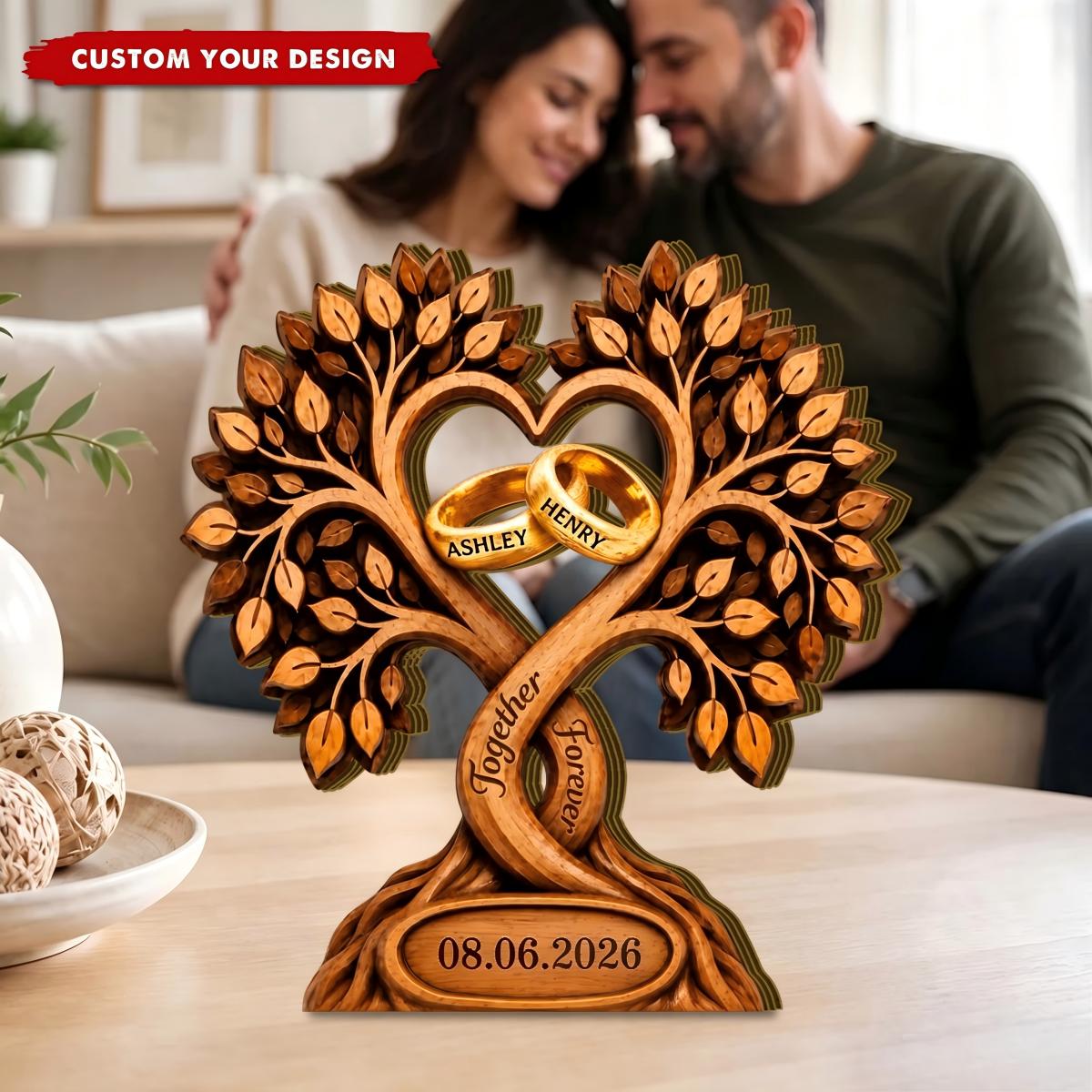 Personalized Wooden Plaque With Heart Tree & Rings, Anniversary Gift For Couple