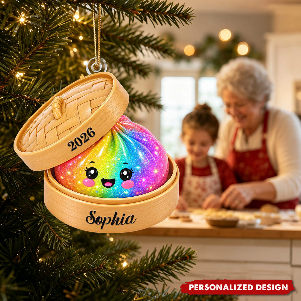 Personalized Glitter Dumpling Ornament, Bamboo Steamer, 2026 Xmas Keepsake