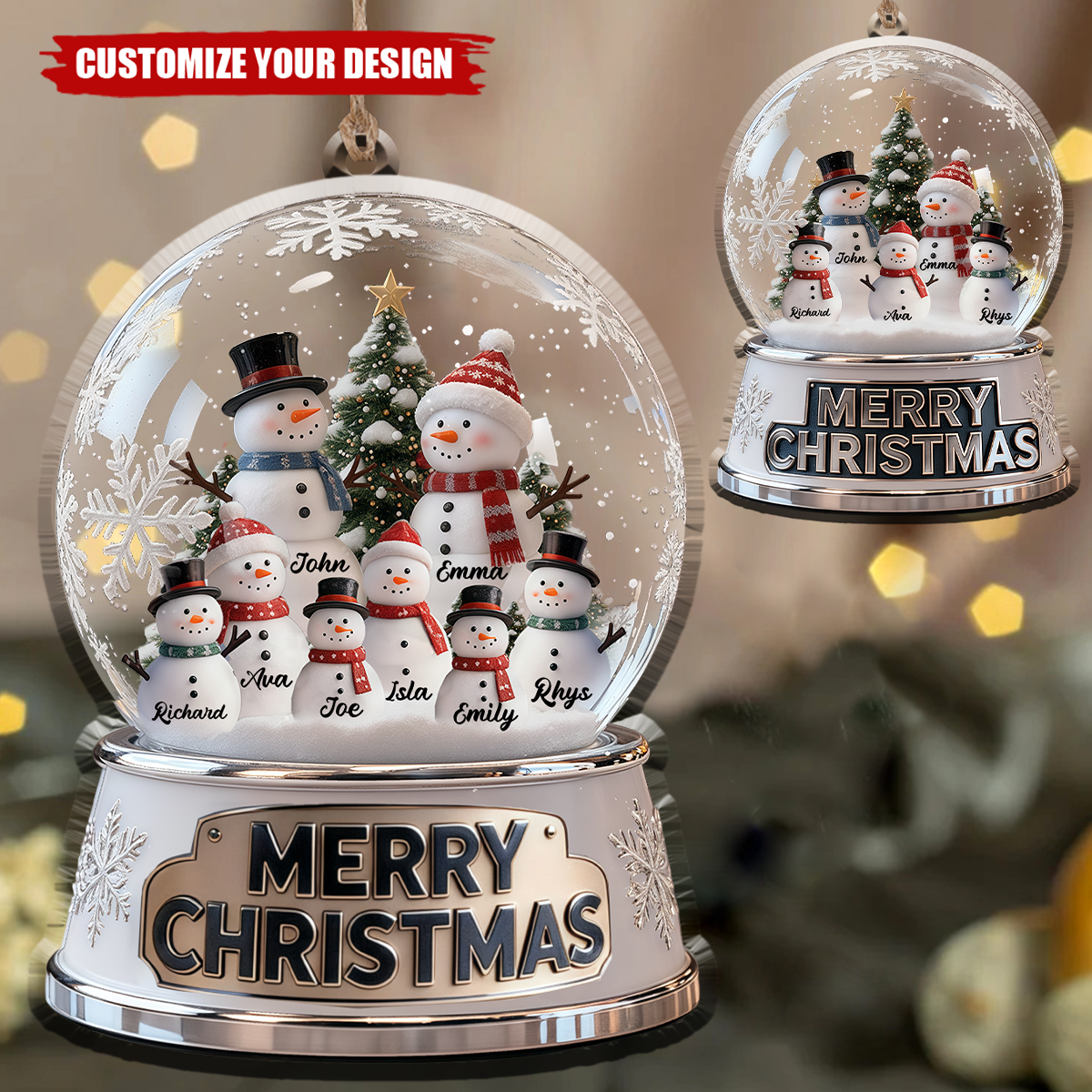 Personalized Christmas Snowman Family Crystal Ball Ornament