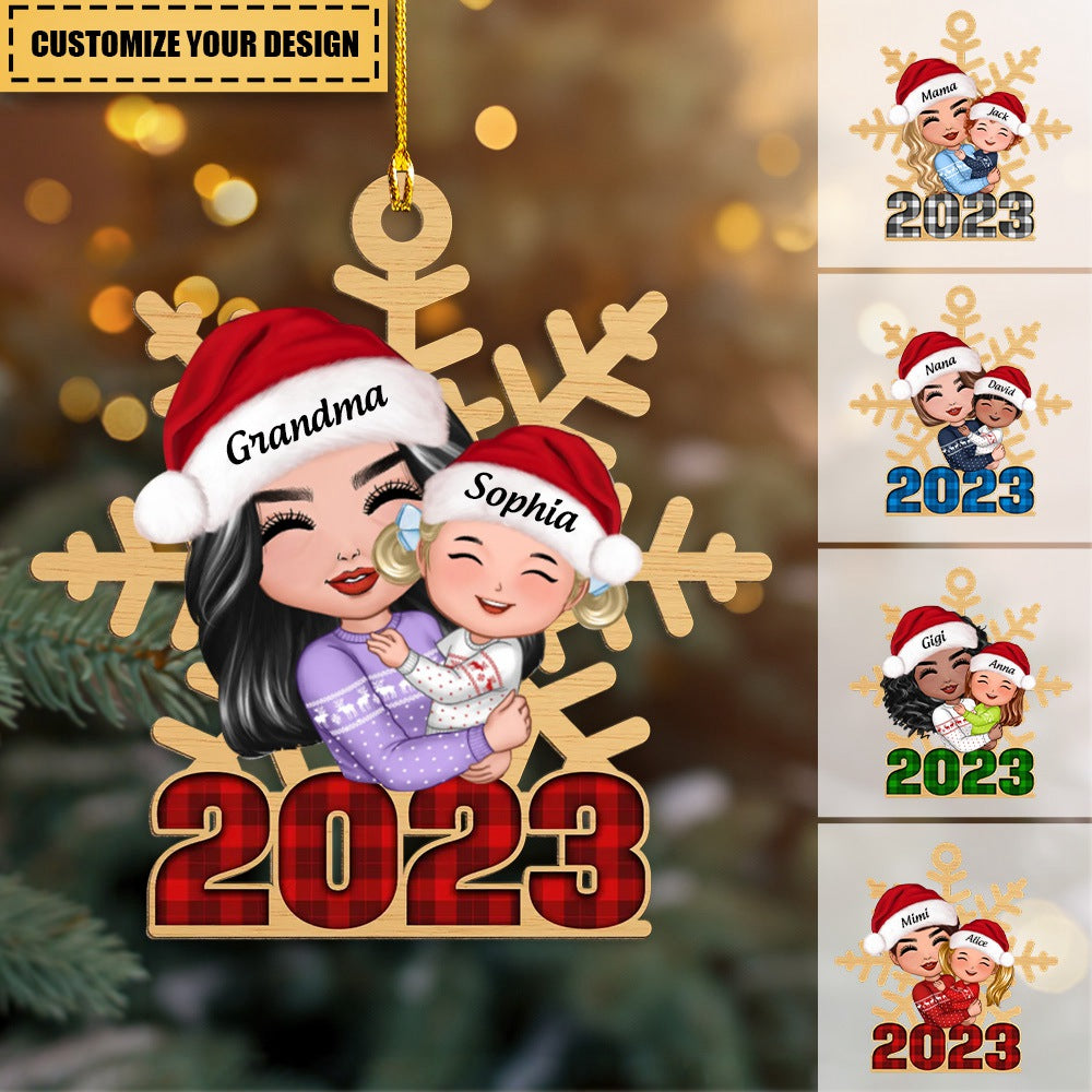 Doll Grandma Hugging Grandkid Snowflake Checkered 2023 Personalized Wooden Ornament