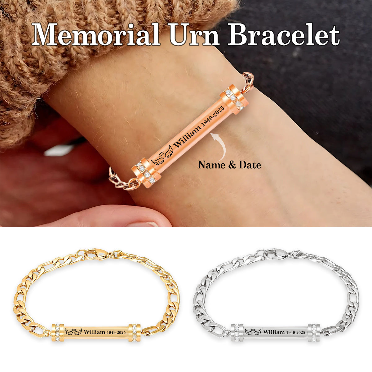 Personalized Stainless Steel Memorial Angel Wings Urn Bracelet
