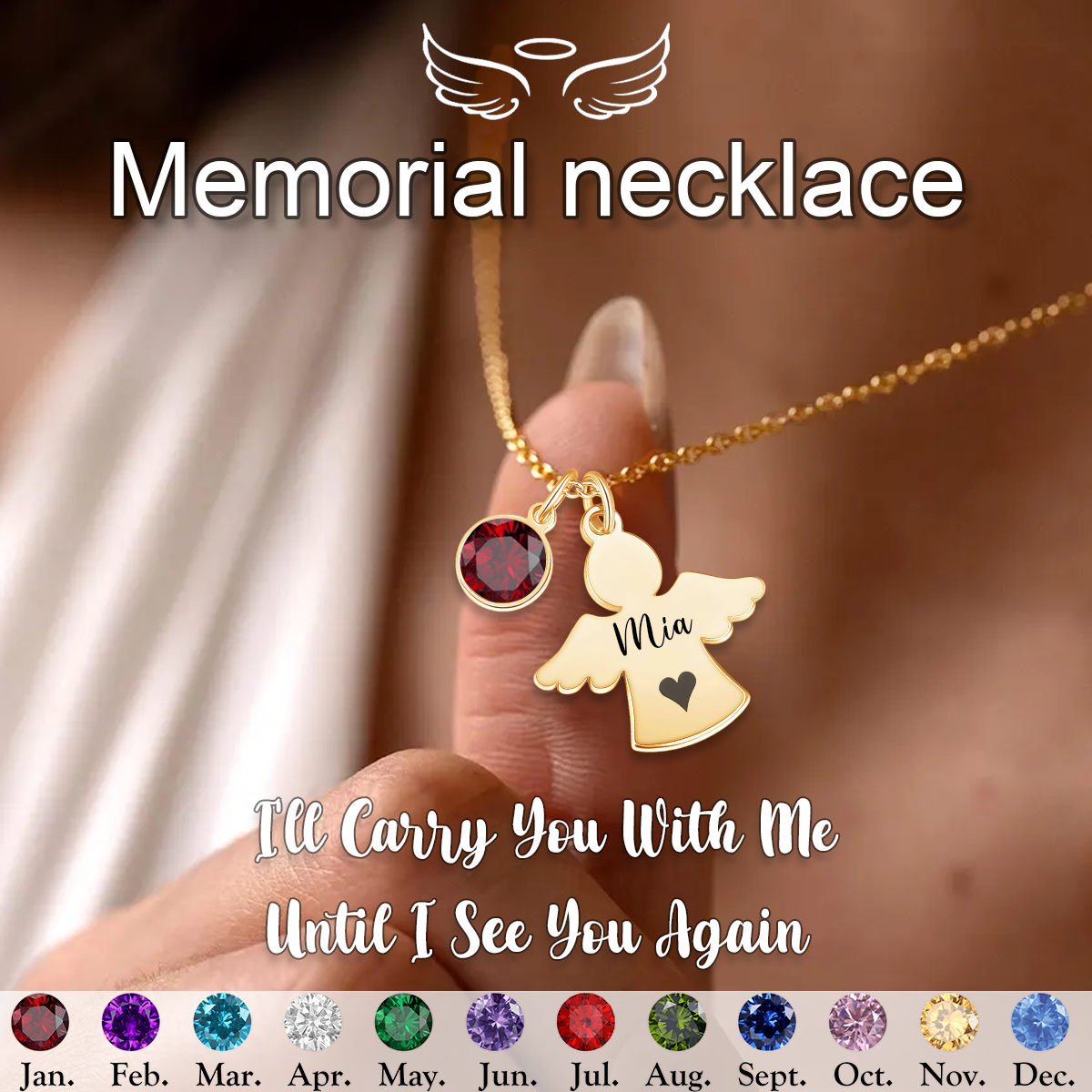 Always In My Heart, Personalized Angel Charm Birthstone Necklace