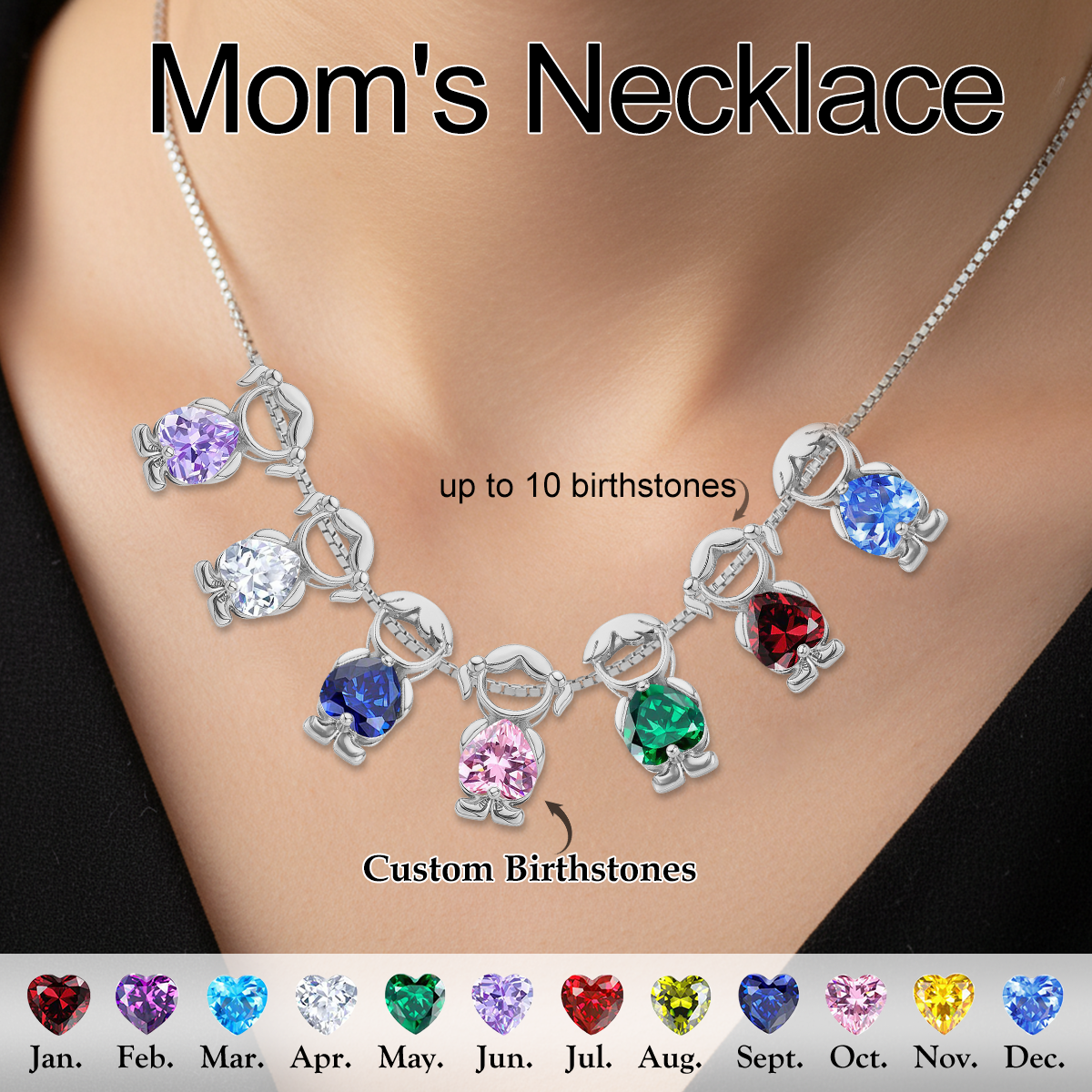 Personalized Kids Heart Birthstone Necklace, Gift For Mom Grandma