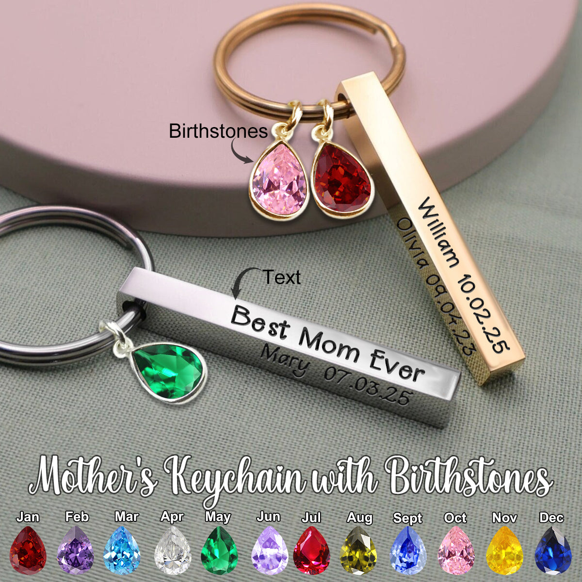 Personalized Custom Text Mother's Day Gift Keychain With Birthstone Charms