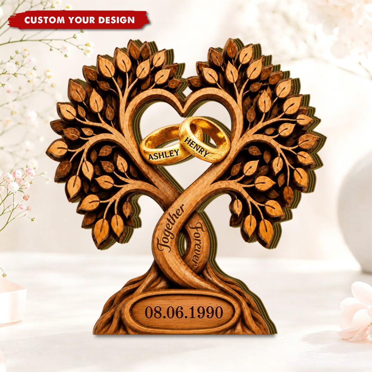 Personalized Wooden Plaque With Heart Tree & Rings, Anniversary Gift For Couple
