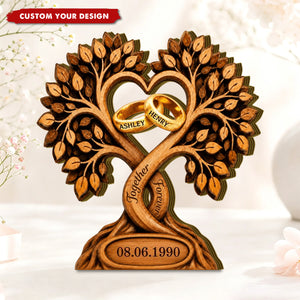 Personalized Wooden Plaque With Heart Tree & Rings, Anniversary Gift For Couple