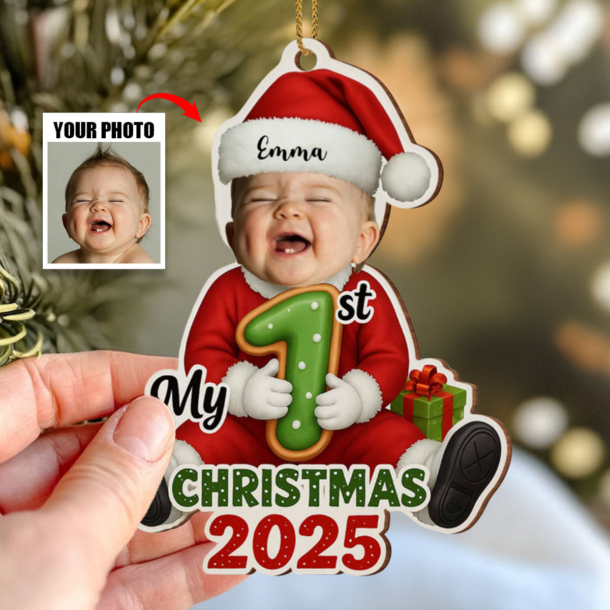 Baby 1st Christmas Ornament, Custom Photo Wood Pendent