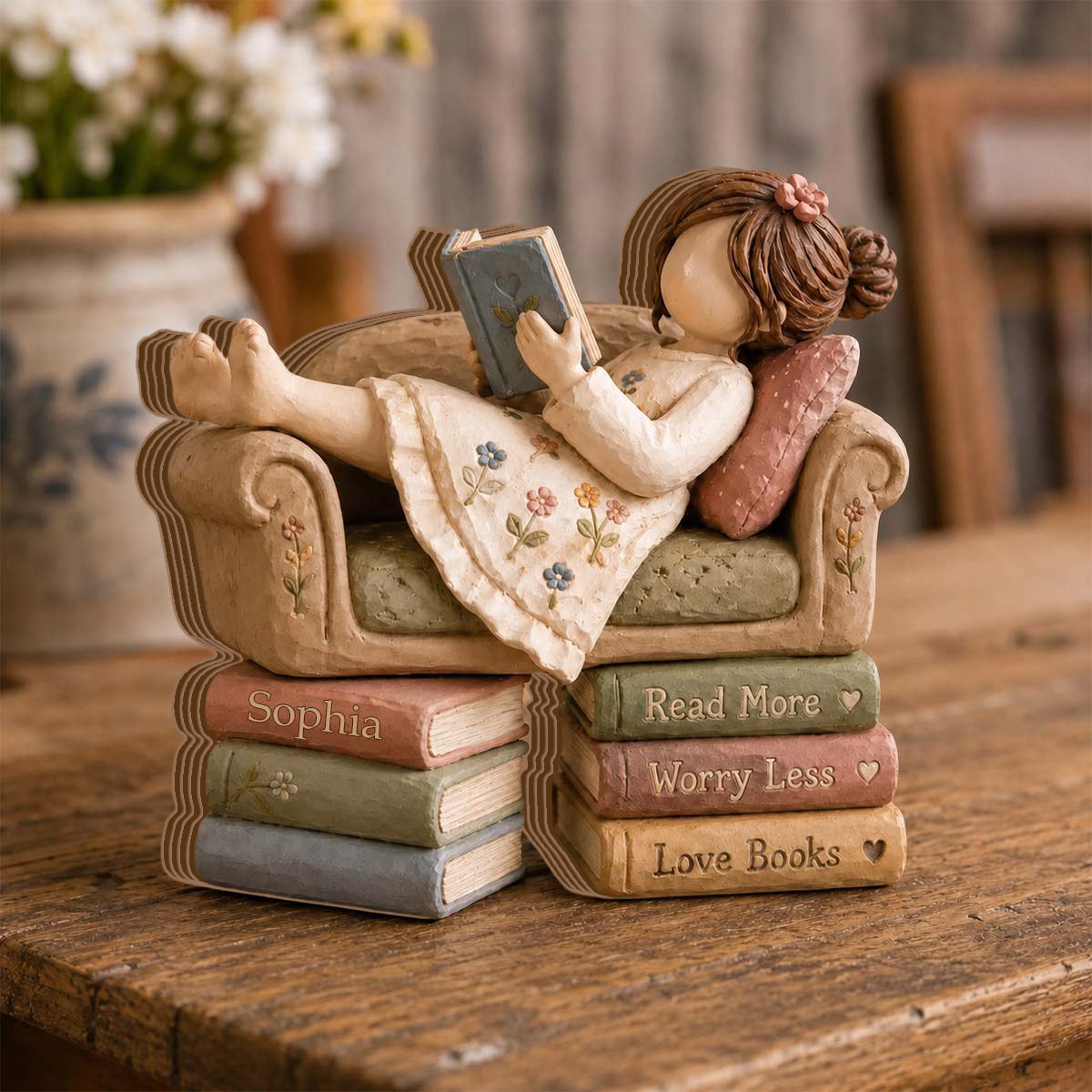Personalized Book Lover Girl Wooden Plaque, Custom Name Reading Gift