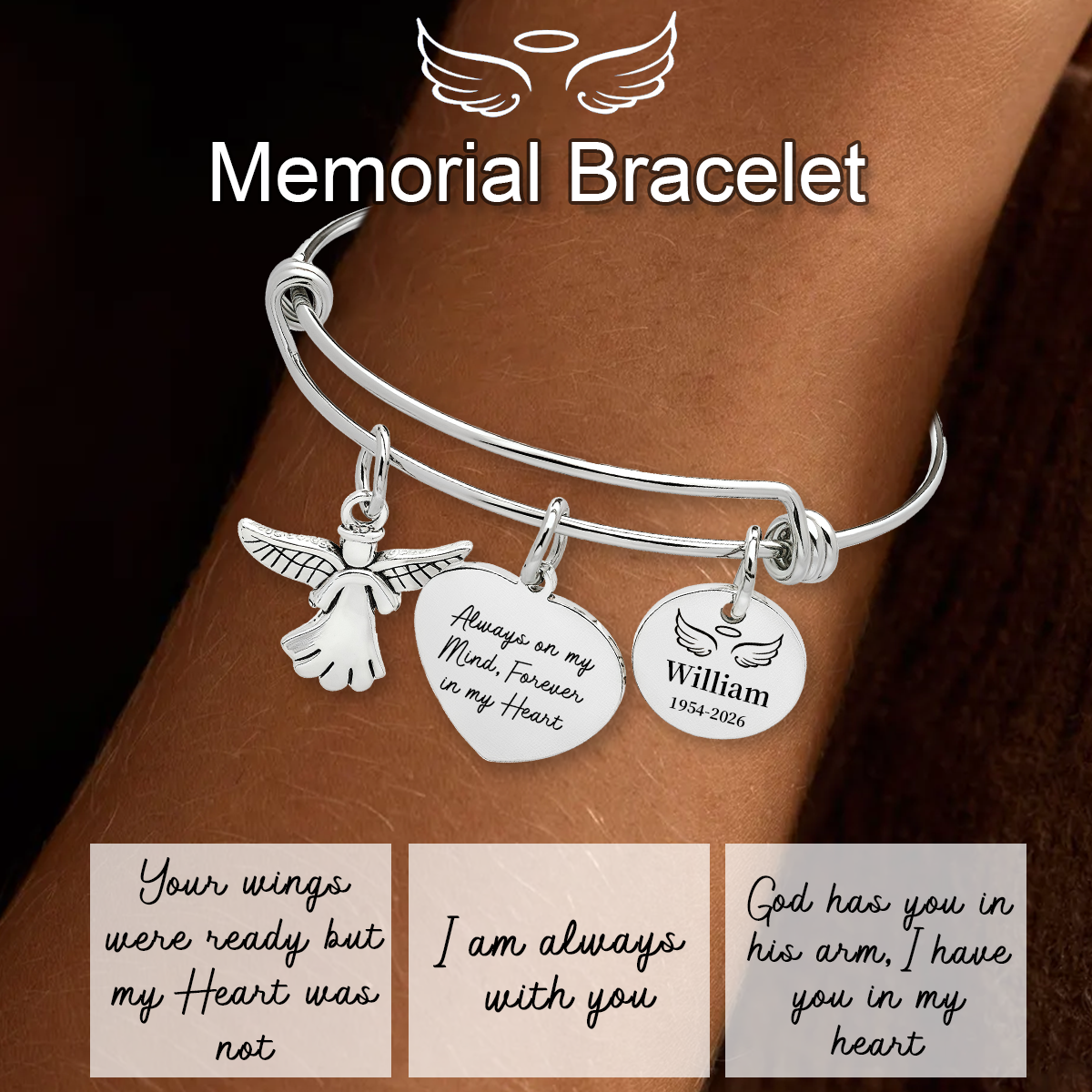 Always In My Heart, Personalized Angel Charm Memorial Bracelet