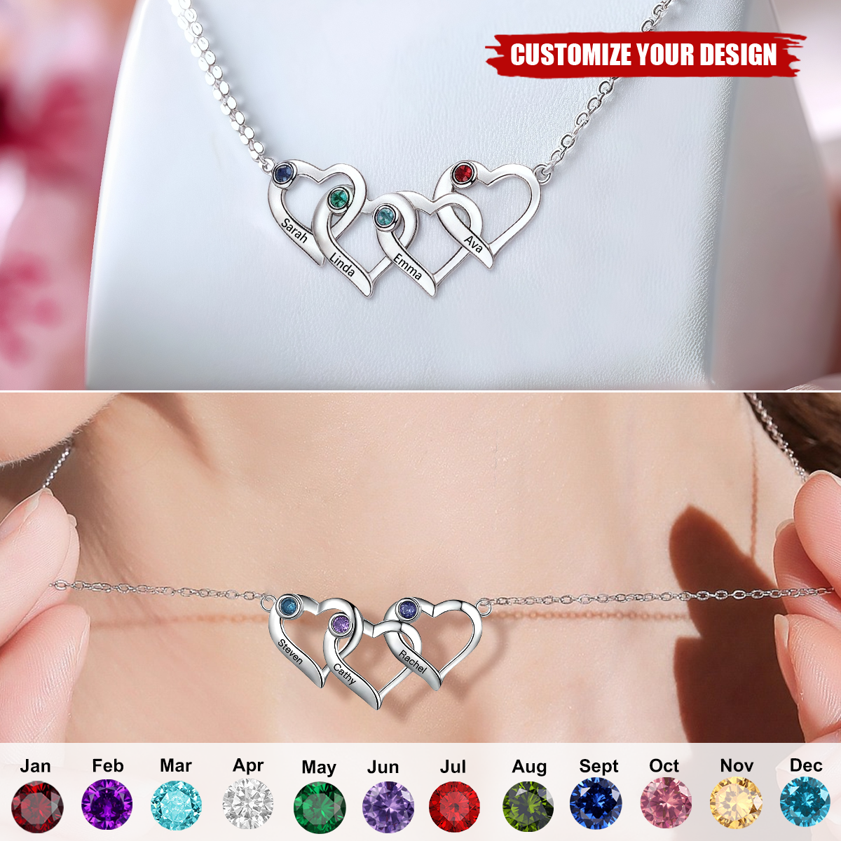 Personalized Custom Name Birthstone Heart Necklace, Gift For Mom Grandma