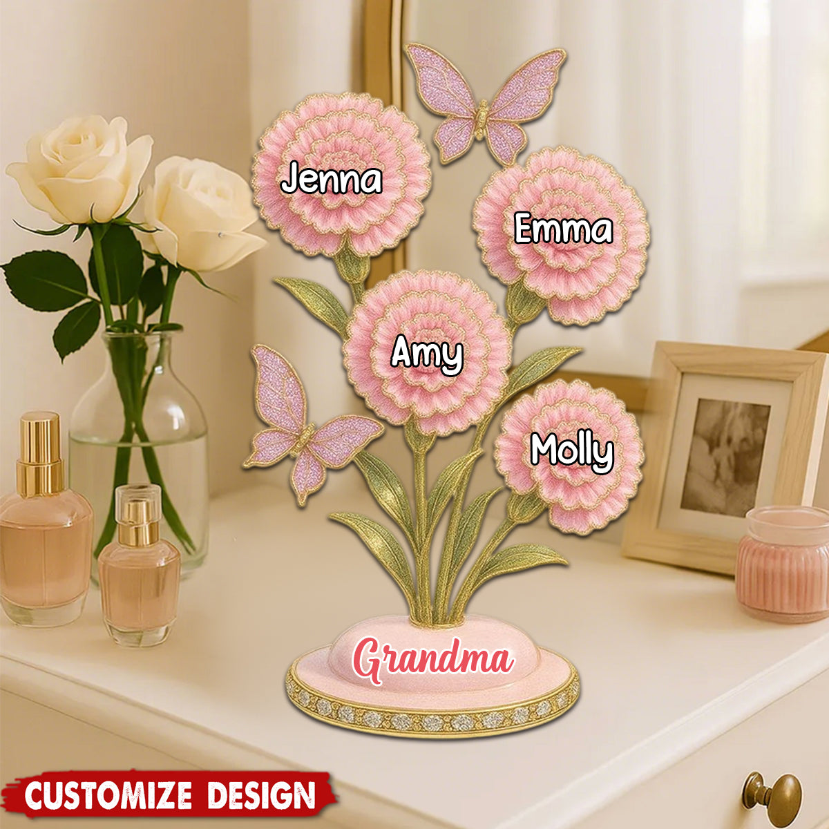 Mom Grandma & Kids Names On Carnation Flower Personalized Acrylic Block Plaque