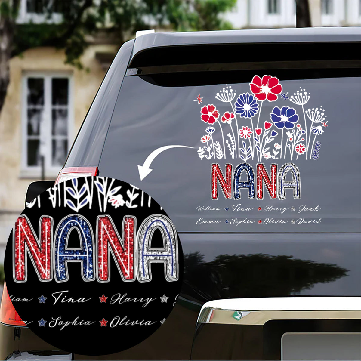 Personalized Floral Grandma With Kids Names, 4th Of July Patriotic Sticker