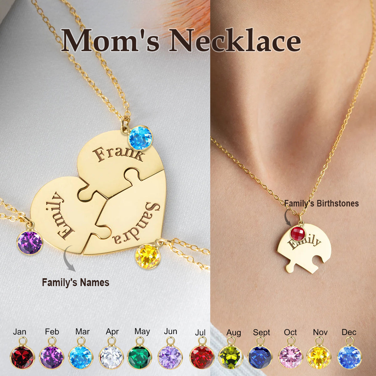 Personalized Birthstone Heart Puzzle Name Necklace, Mother's Day Gift