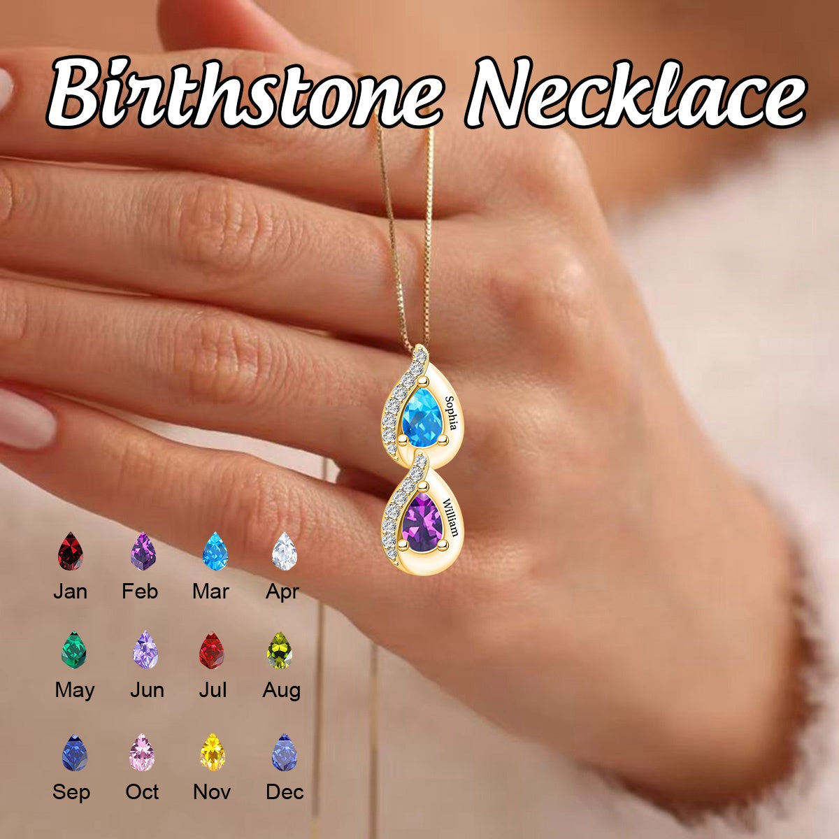 Personalized Engraved Water Drop Couple Birthstone Necklace