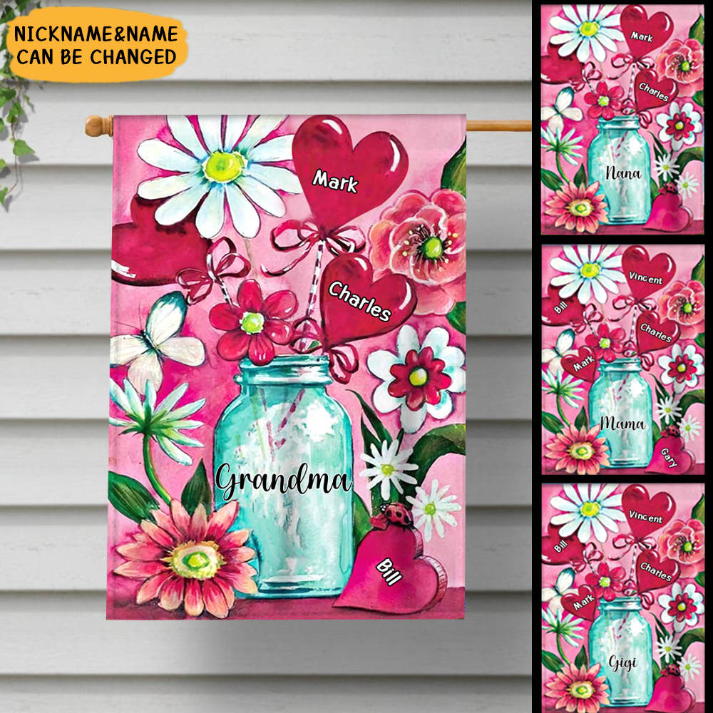 Personalized Heart Pink Bouquet Jar Decorative Garden Flags-Gift For Grandma Mom