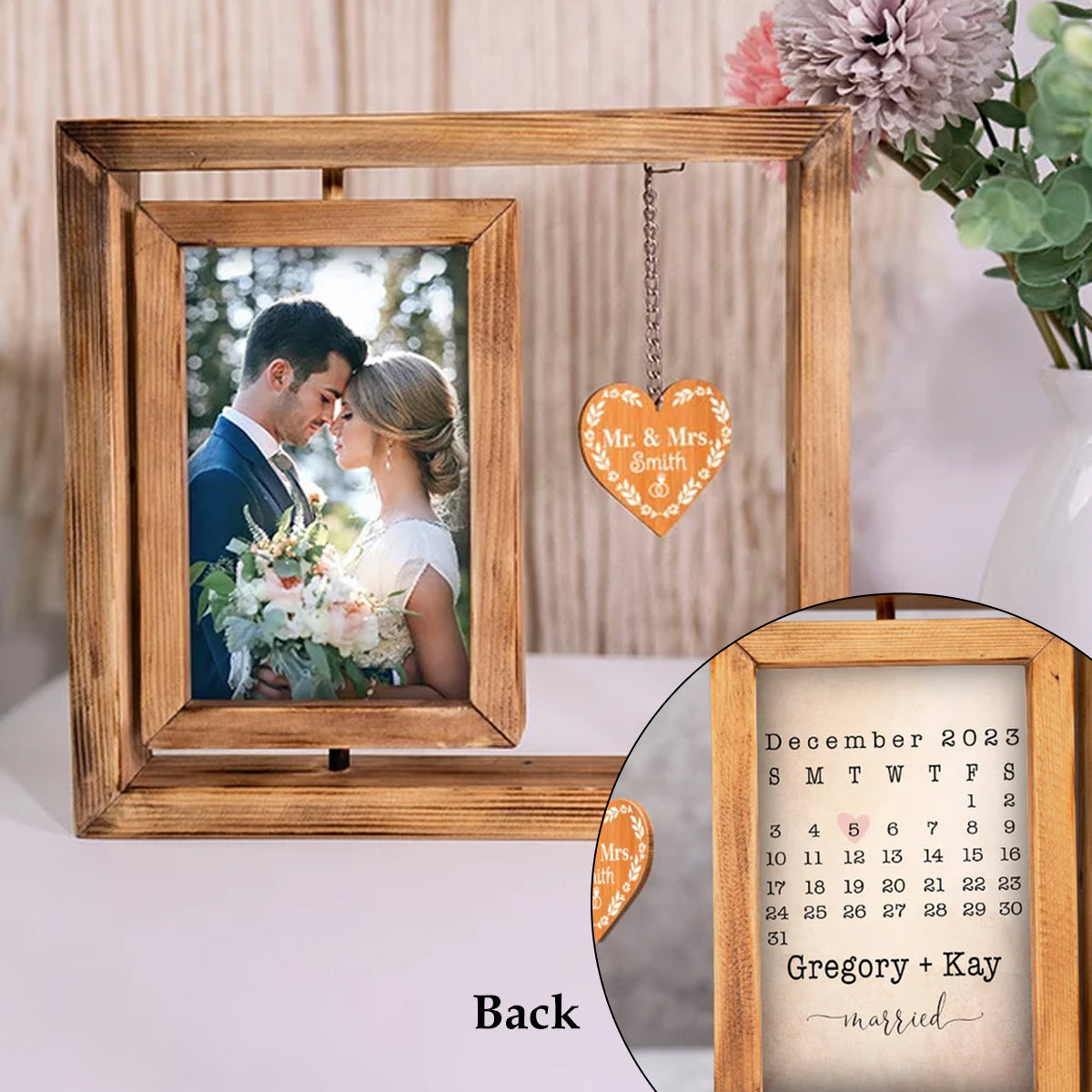 Custom Rotating Wooden Frame For Couples With Photo & Wedding Date