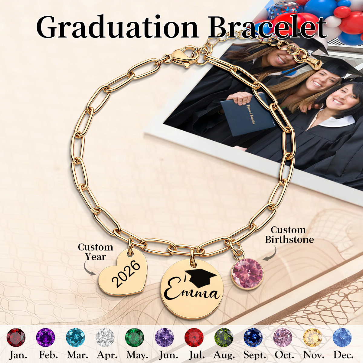 Class of 2026, Custom Graduation Bracelet with Name & Birthstone