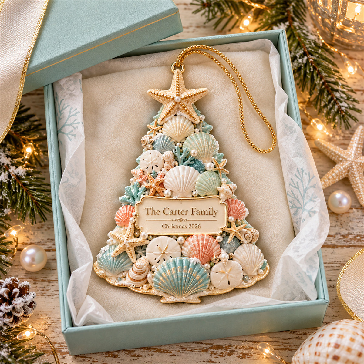 Personalized Seashell Christmas Tree Ornament, Beach Christmas Gift For Family