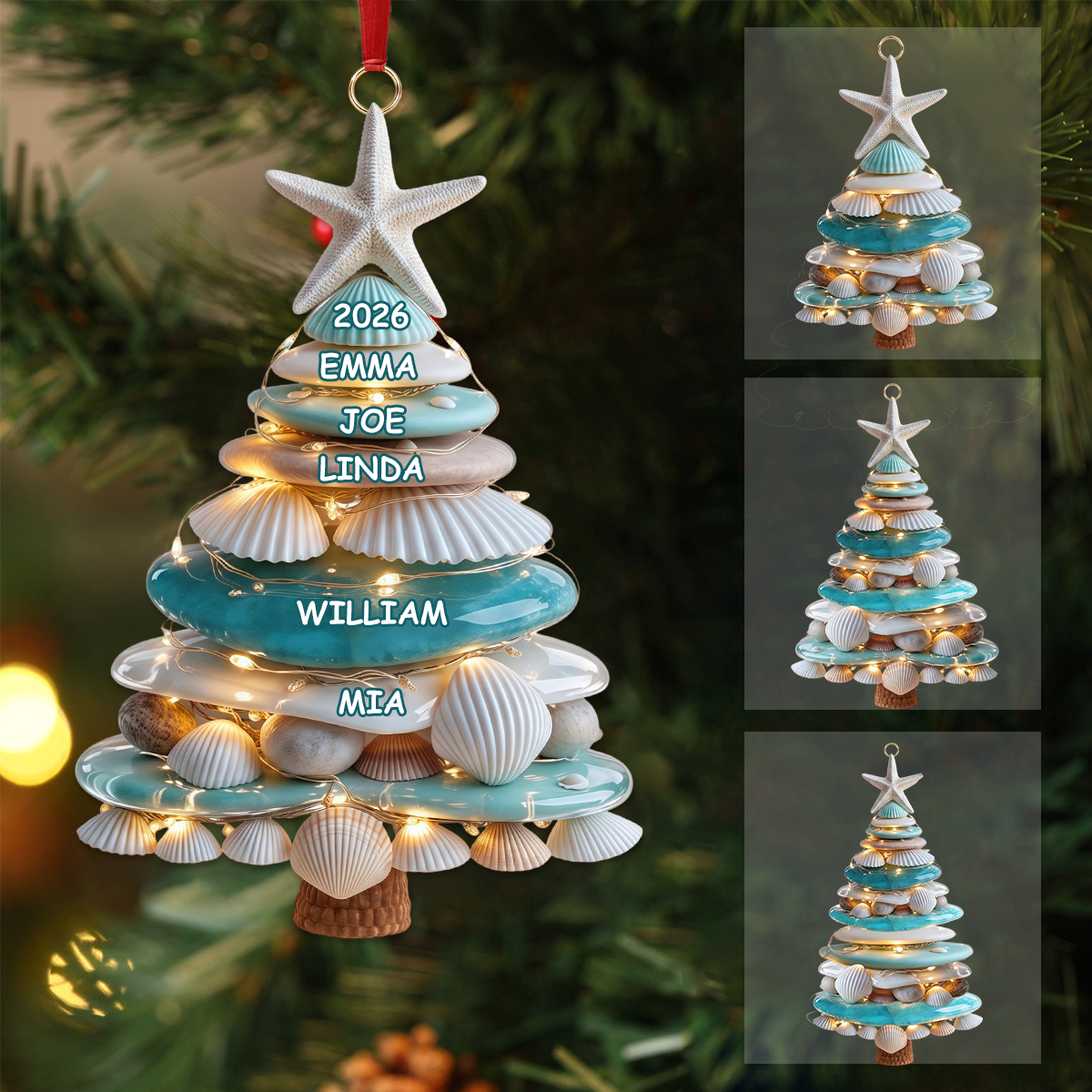 Personalized Seashell Christmas Tree Ornament, Coastal Xmas Decor