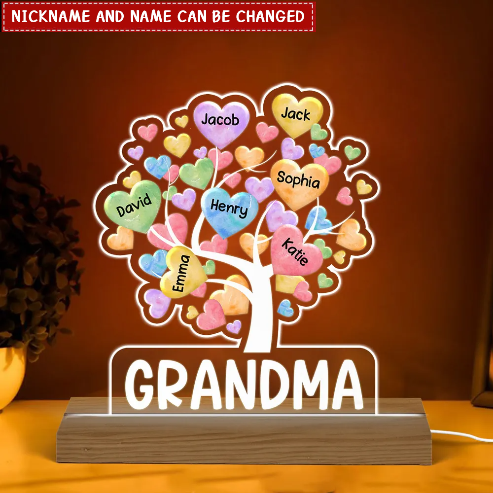 Colorful Heart Tree Grandma Grandkids Name Personalized LED Night Light Plaque