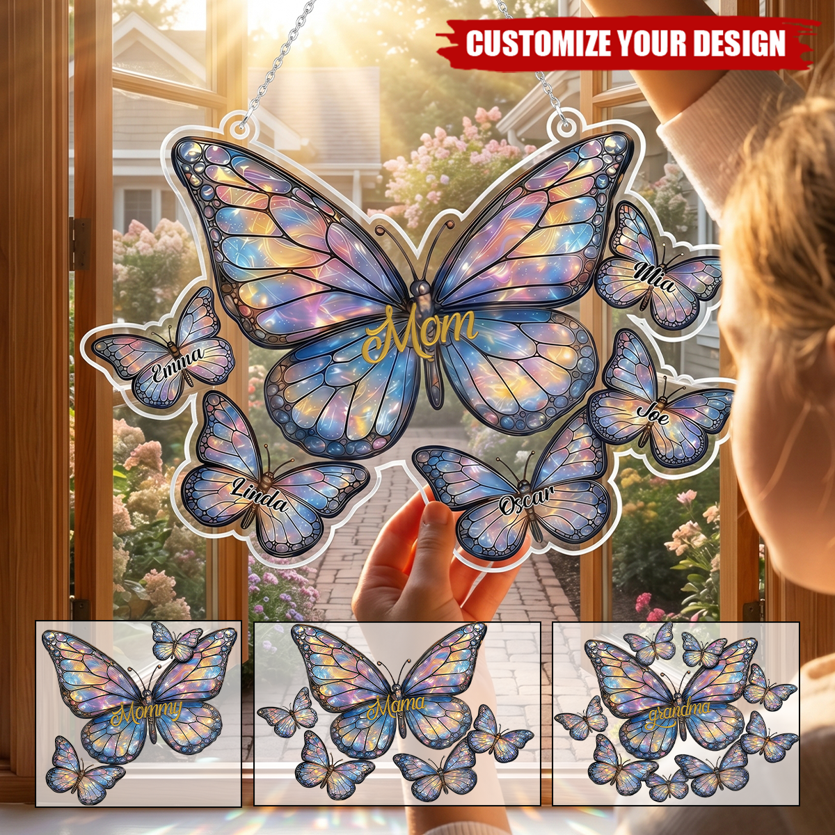 Personalized Butterfly Mom Suncatcher, Custom Names Acrylic Window Hanging