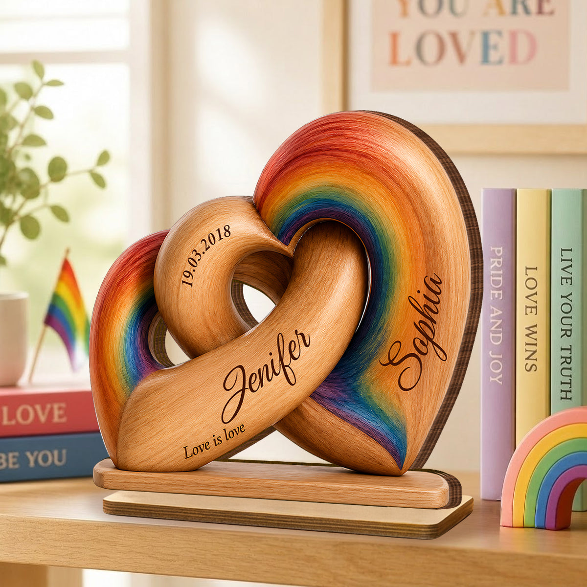 Interlocked Hearts Love is Love LGBT Couple - Personalized Wooden Plaque