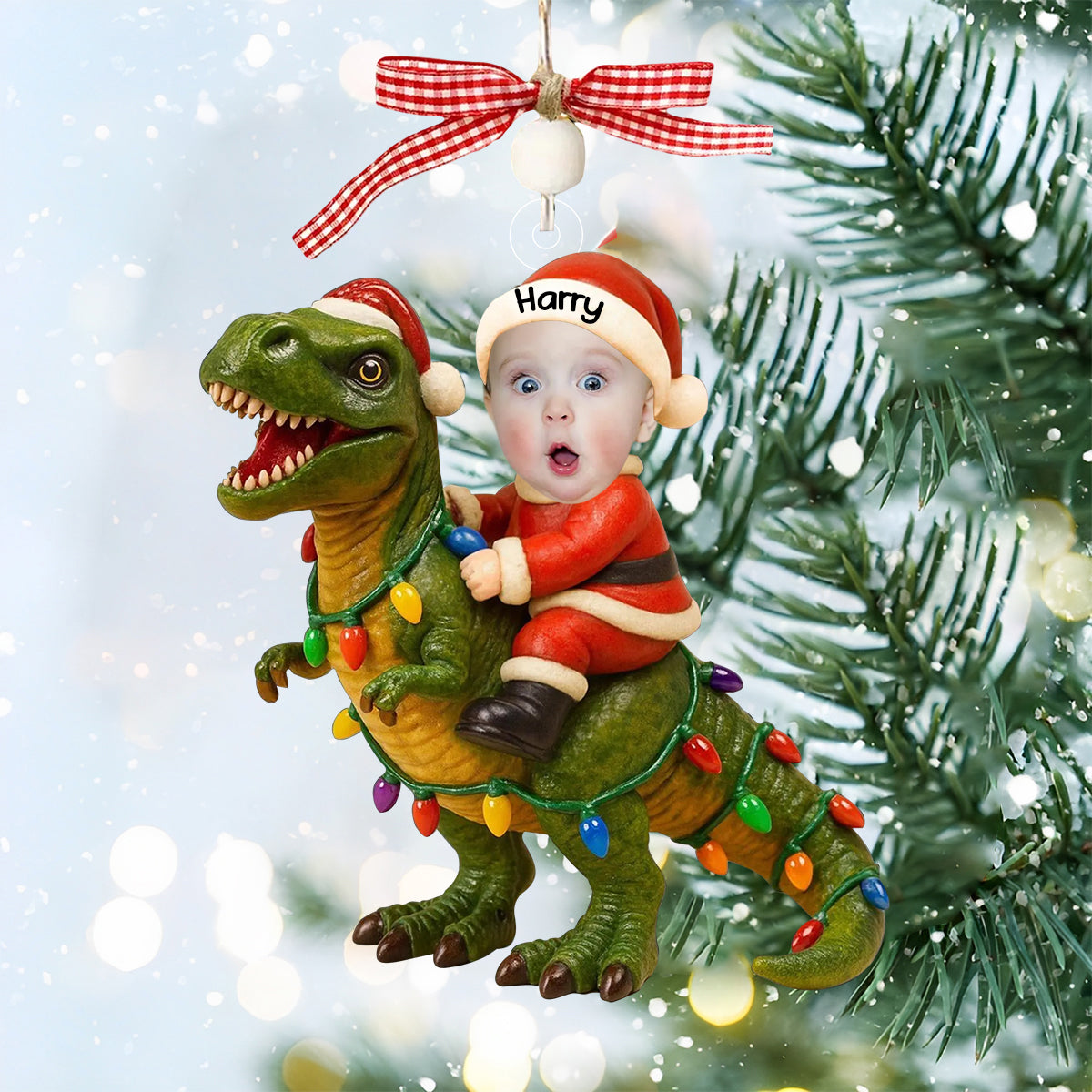 Baby's First Christmas - Custom Photo Santa Riding Dinosaur Ornament