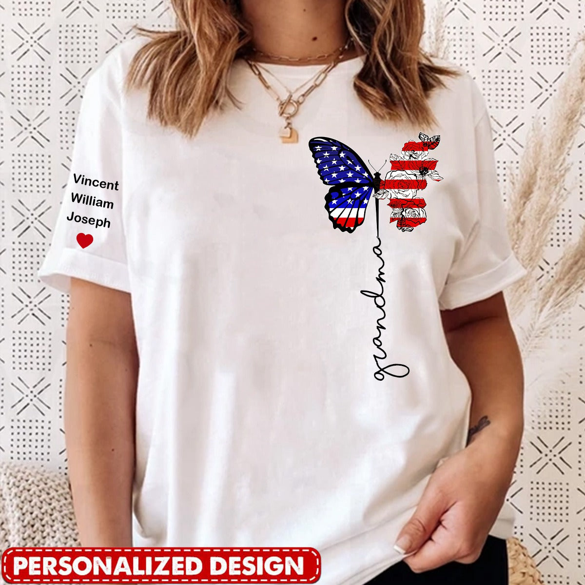 Gift For Mom Grandma 4th Of July Personalized USA Flag Butterfly T-shirt