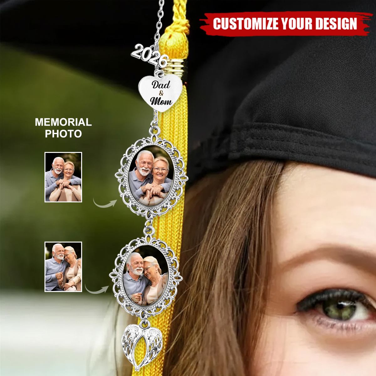 Custom 2026 Graduation Photo Charm For Tassel, Memorial Angel Wings