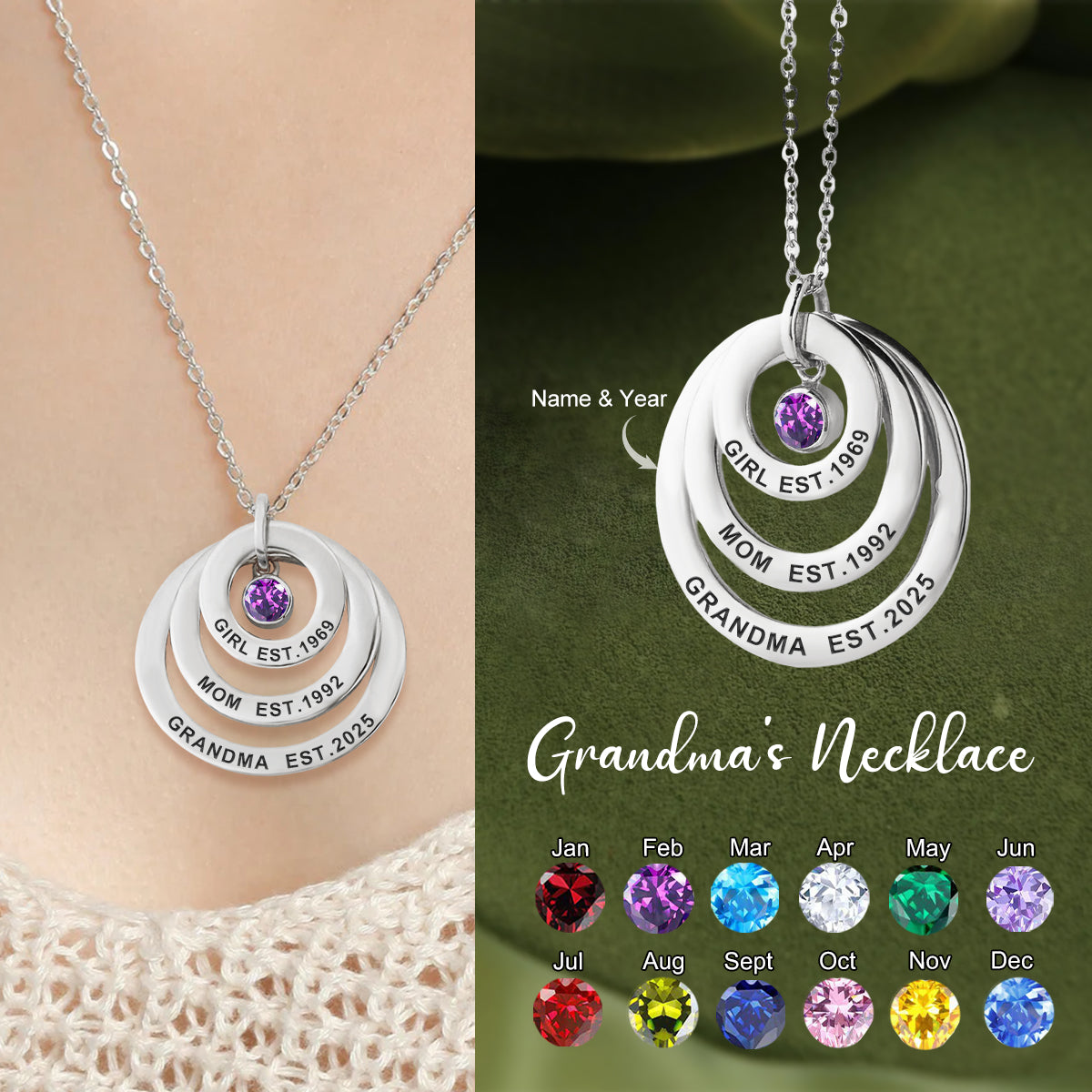 Personalized Name Necklace With Custom Engraving And Birthstone-Gift For Grandma