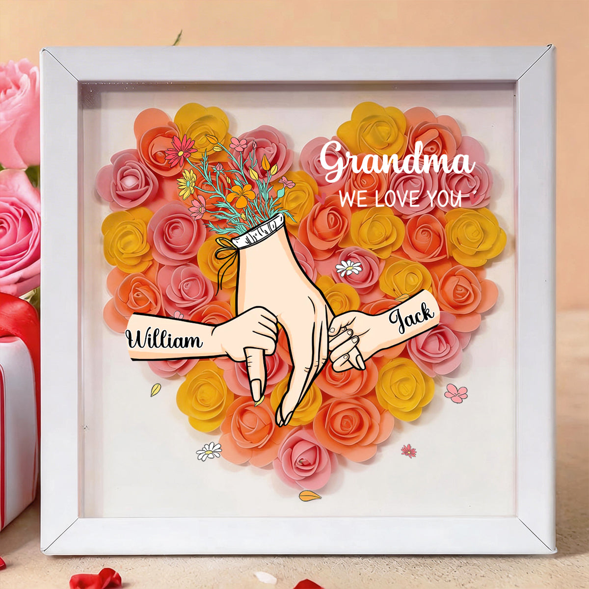 Grandma We Love You-Personalized  Flower Shadow Box-Gift For Mom, Grandma