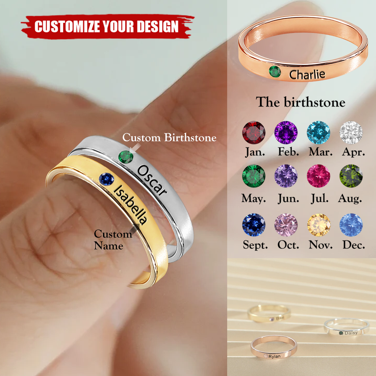 Personalized Name Ring With Birthstone, Gift For Her