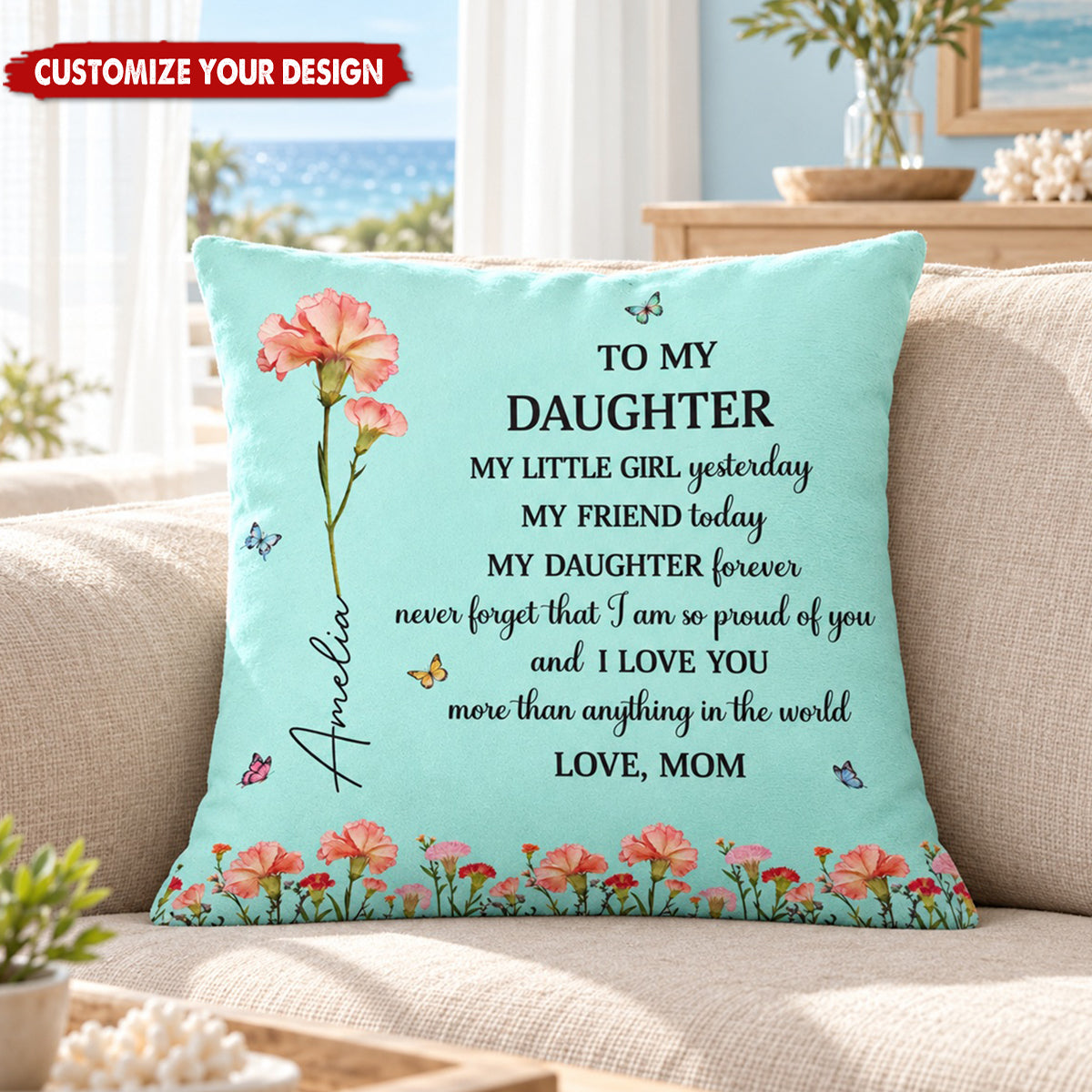 Birth Flower My Daughter Forever - Personalized Custom Pillow - Gift For Daughter, Granddaughter