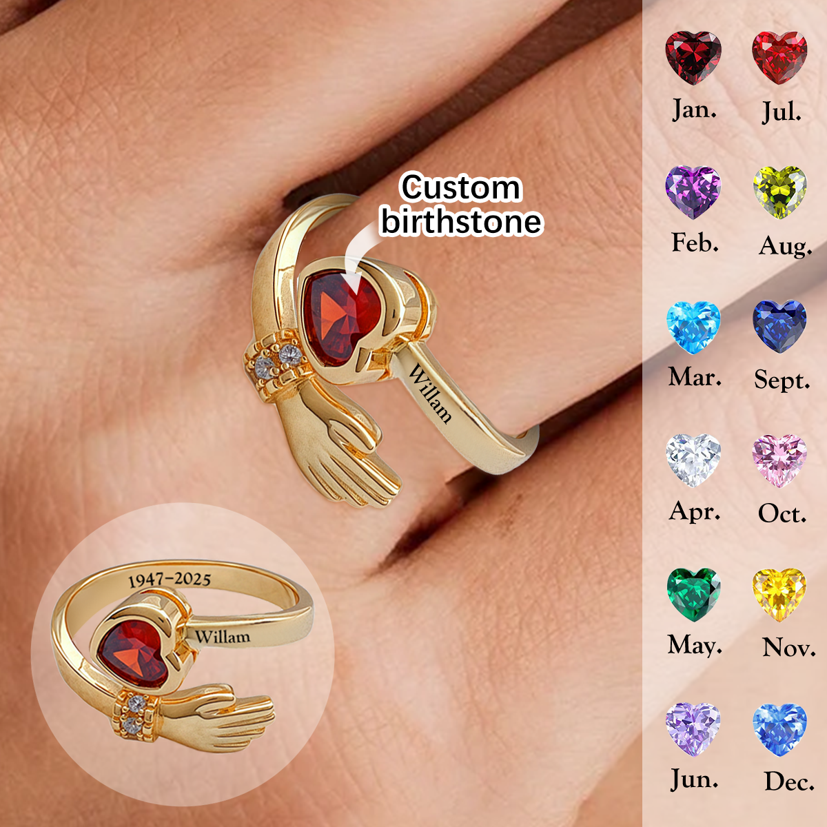 Personalized Birthstone Adjustable Ring,  Memorial Gift