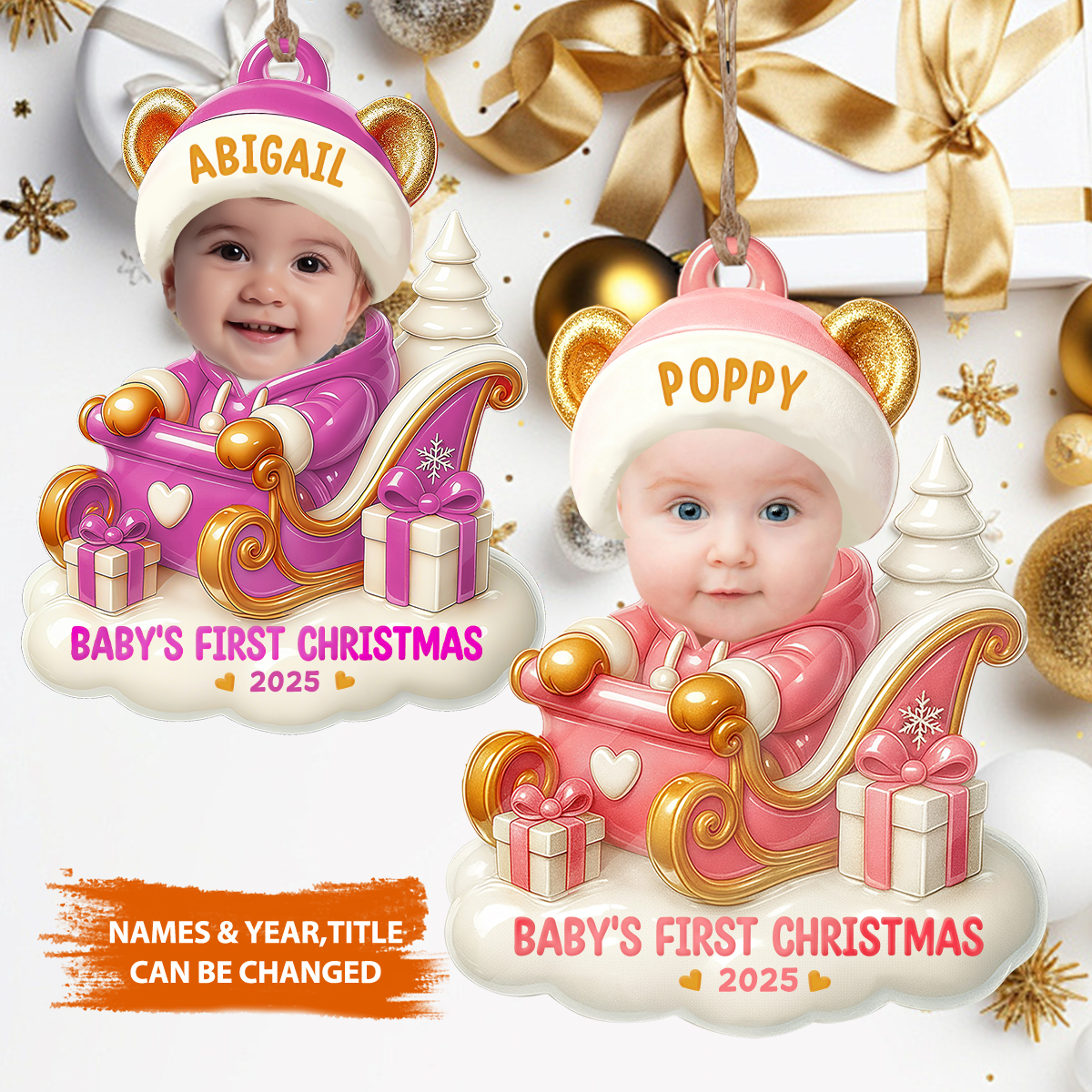 Personalized Baby's First Christmas Teddy Bear Sleigh Photo Ornament