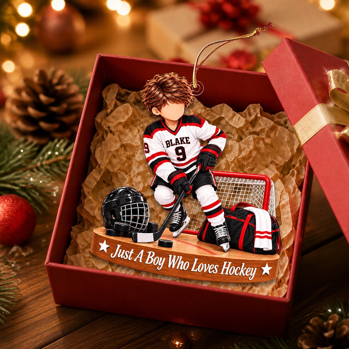 Personalized Hockey Boy Ornament, Custom Name & Number Ice Hockey Christmas Gift