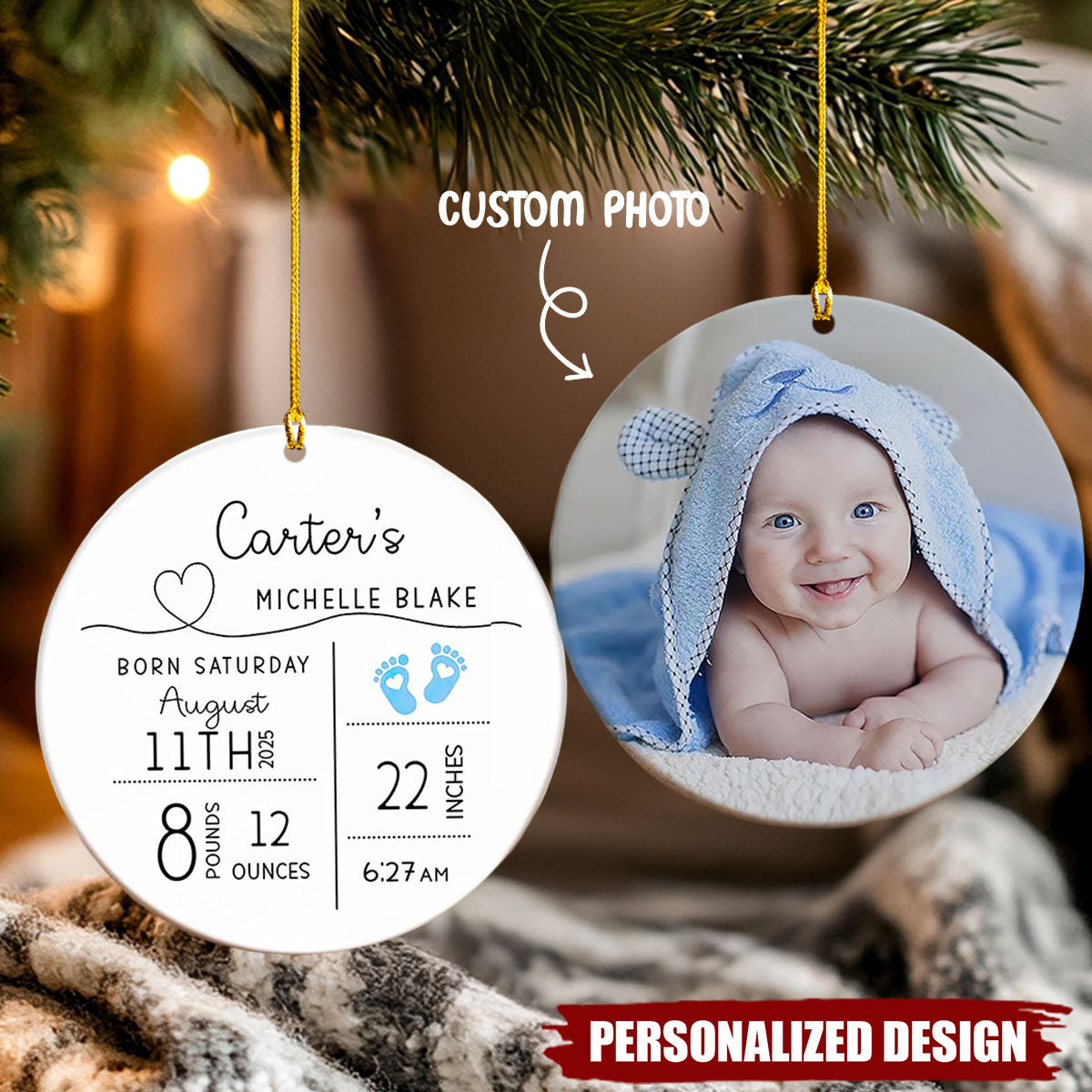 Custom Baby Birth Stats Ornament, Personalized New Baby Photo Ornament