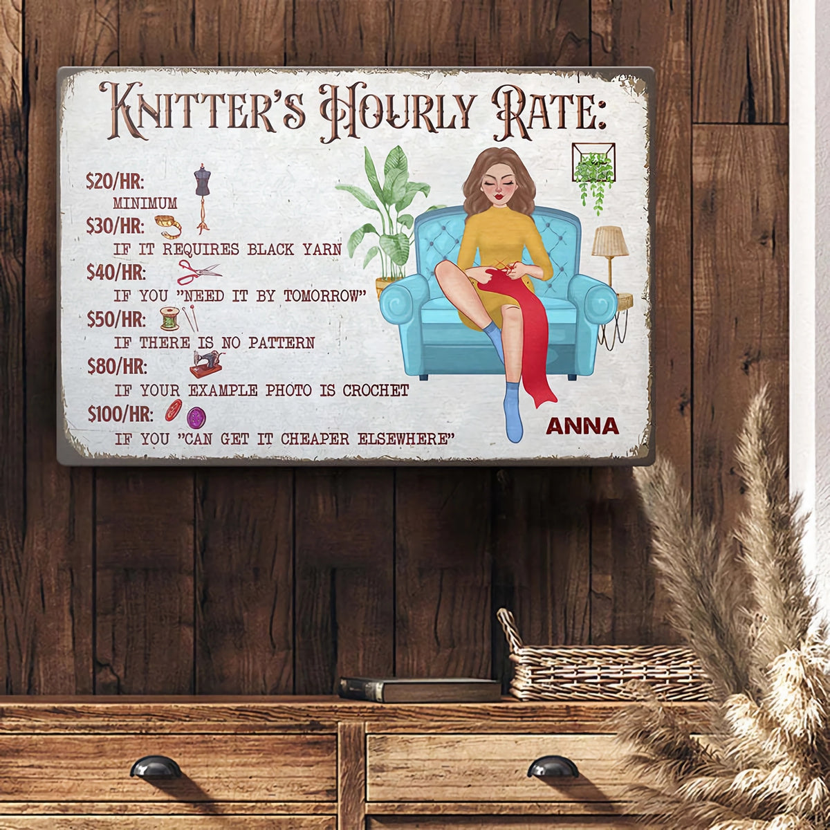 Personalized Crochet And Knitting Hourly Rate Metal Sign-Gift for Crochet & Knitting Lovers