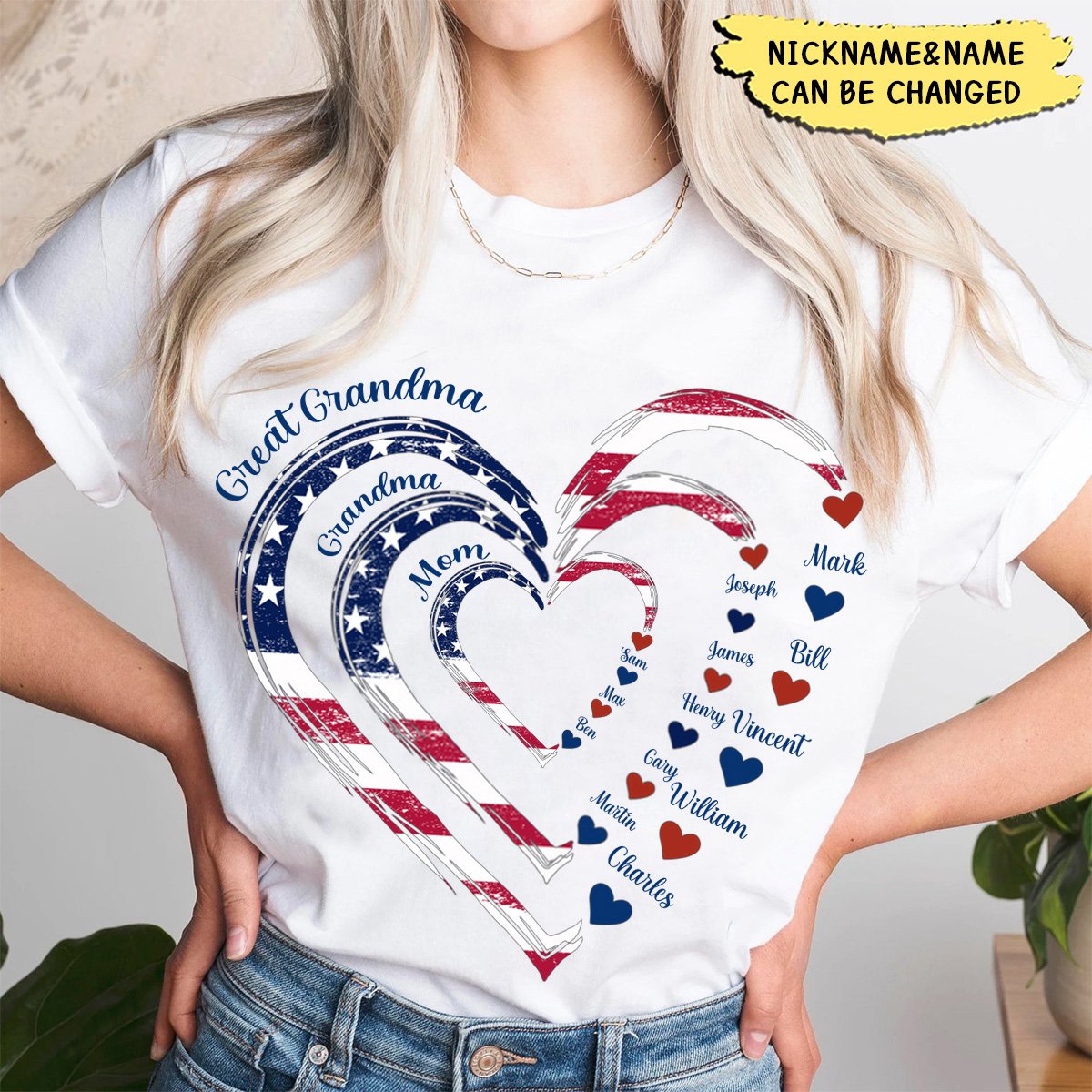4th of July Great Grandma Grandma Mom Kids 3 Hearts Personalized Shirt