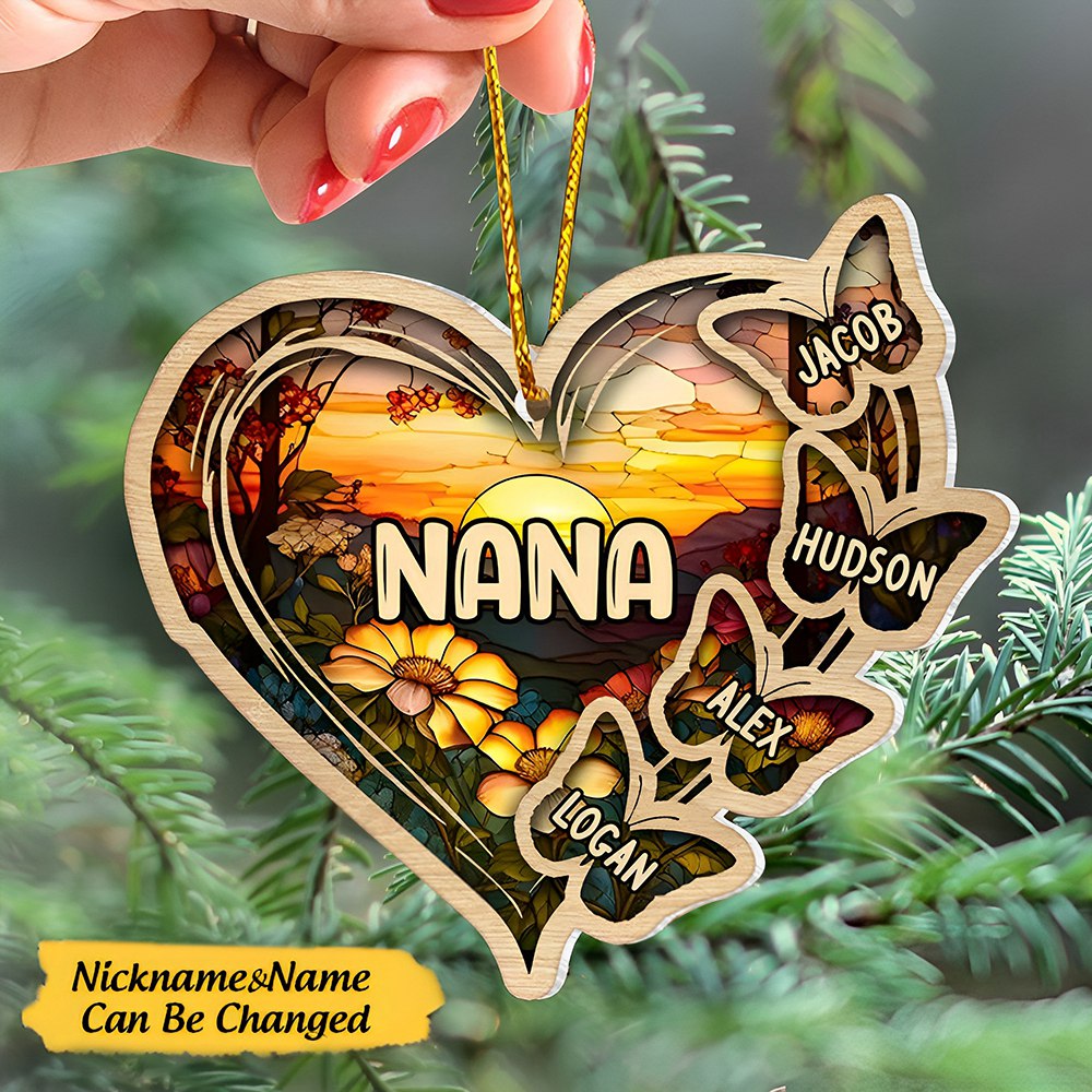 Personalized Christmas Mom Grandma Butterfly Heart Stained Glass Pattern Acrylic Ornament