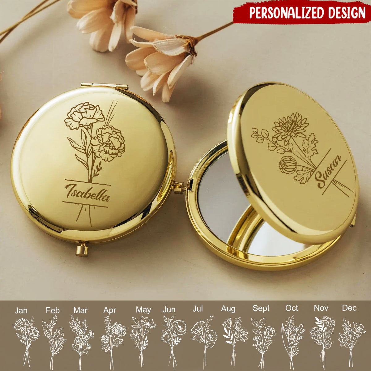 Personalized Small Mirror With Birthday Flower And Name-Gift For Her