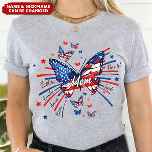 Grandma Grandkids Butterfly Flag Star And 4th of July Personalized T-Shirt