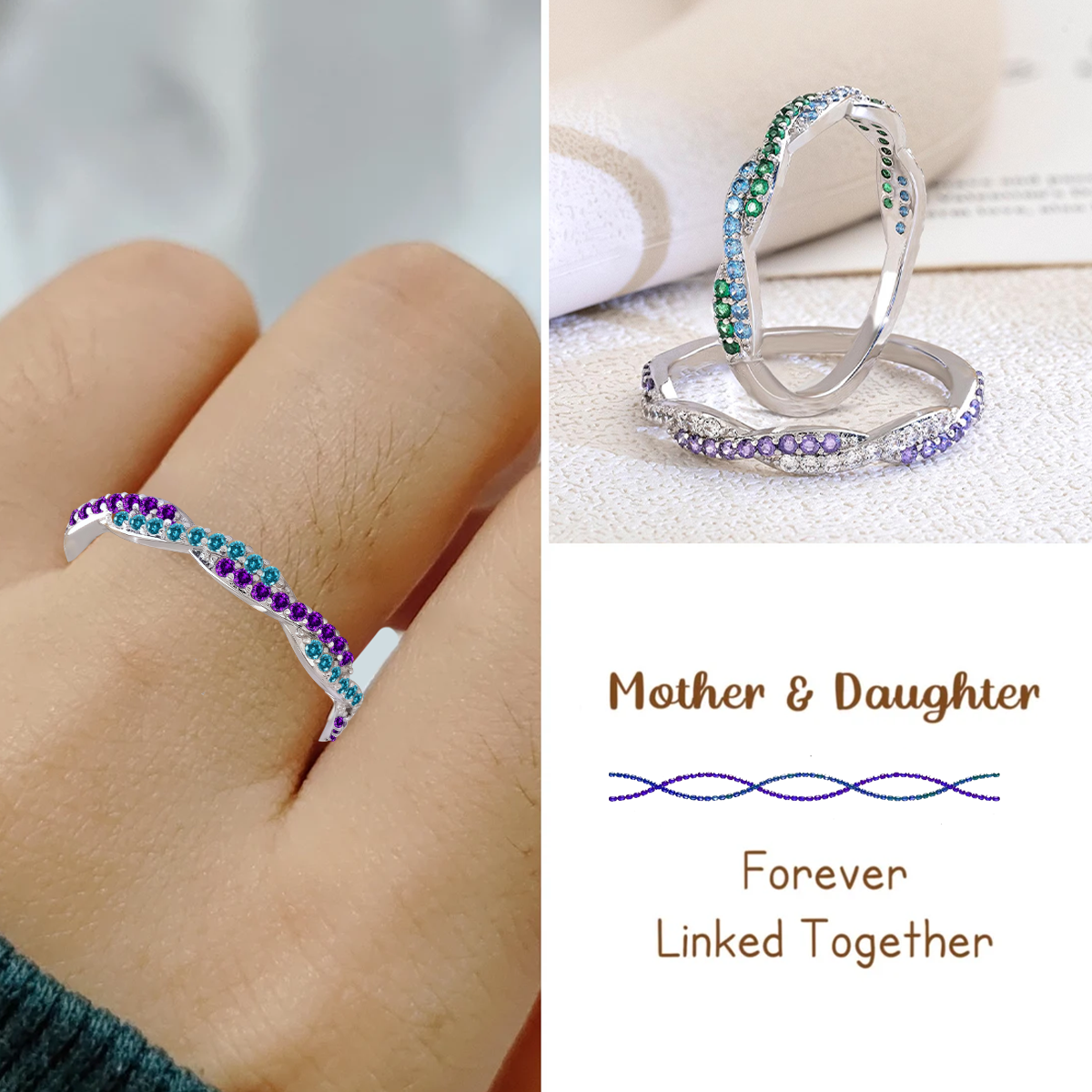 Personalized Wave Ring With Double Birthstones, Mother Daughter Gift