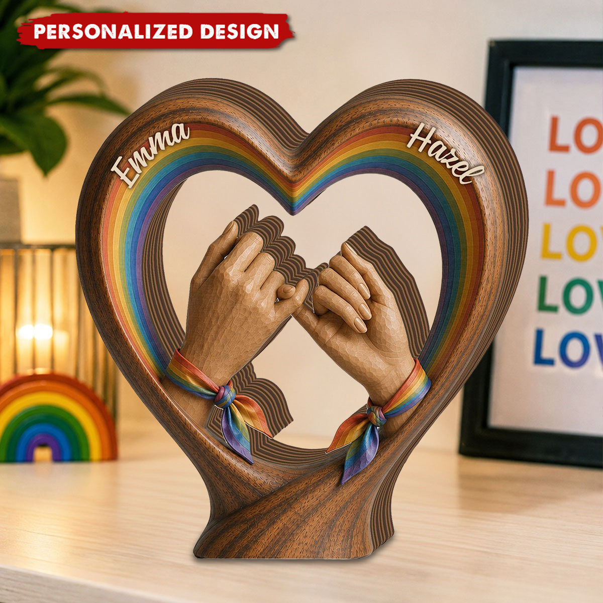Personalized LGBTQ Wooden Heart Plaque, Rainbow Hand Holding Decor Gift