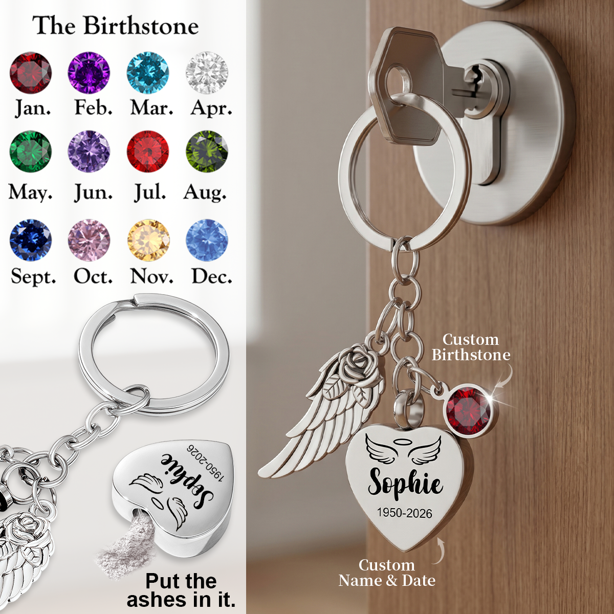 Personalized Name Urn Ashes Keychain With Birthstones, Memorial Keepsake