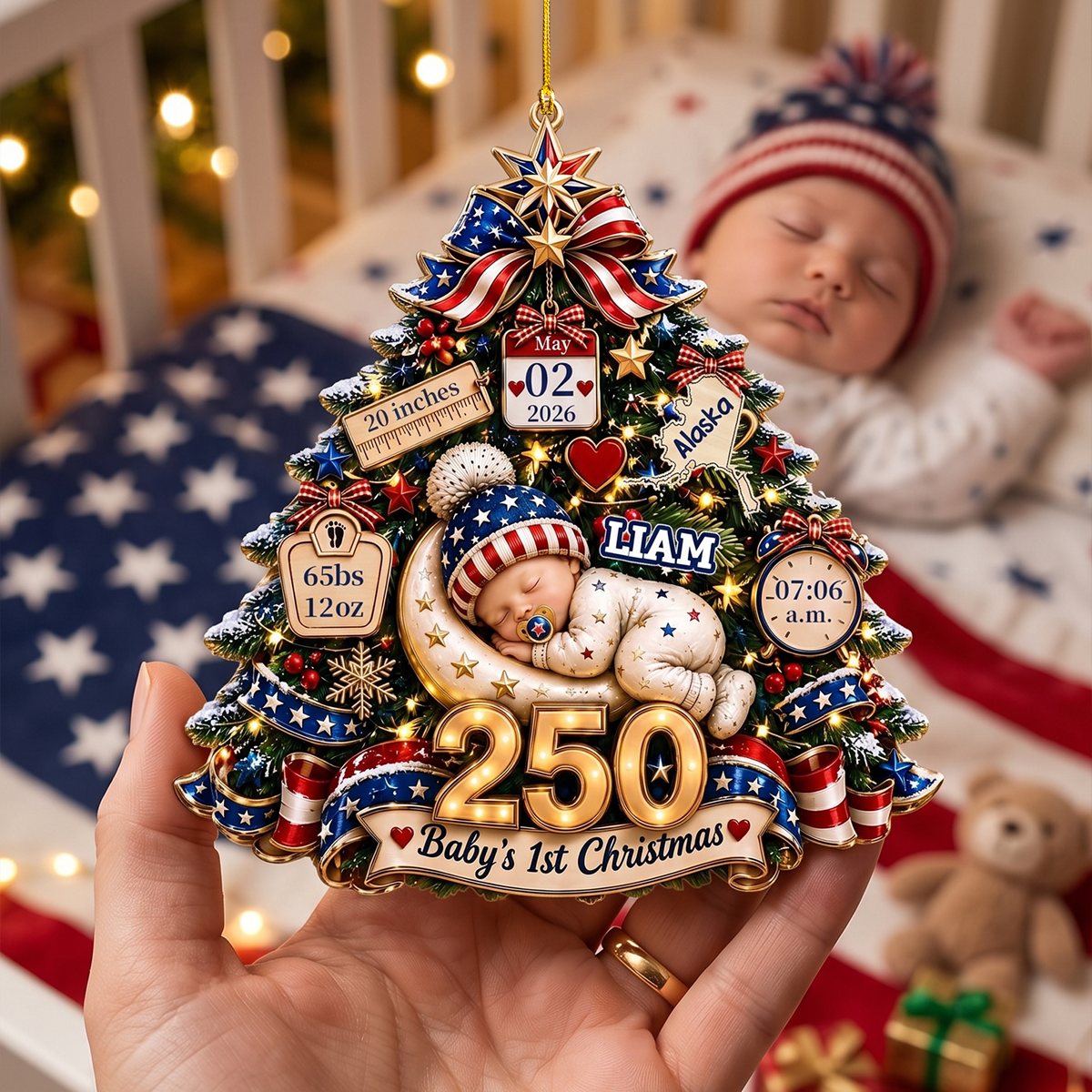 Personalized Baby's 1st Christmas America 250th Anniversary Ornament