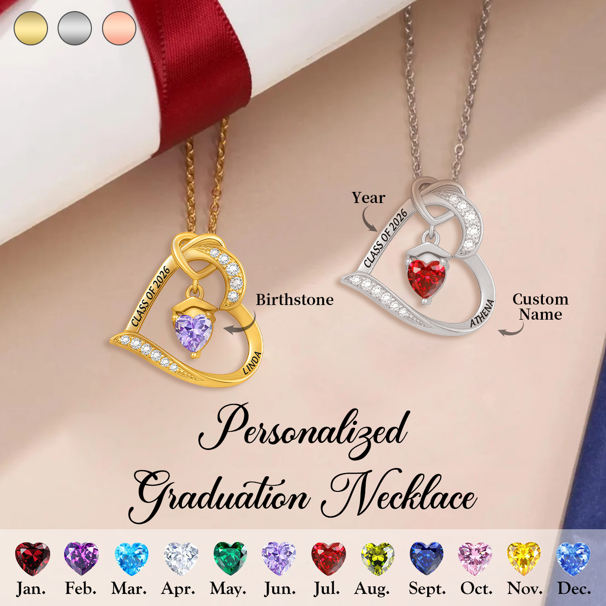 Personalized Graduation Cap Birthstone Heart Necklace