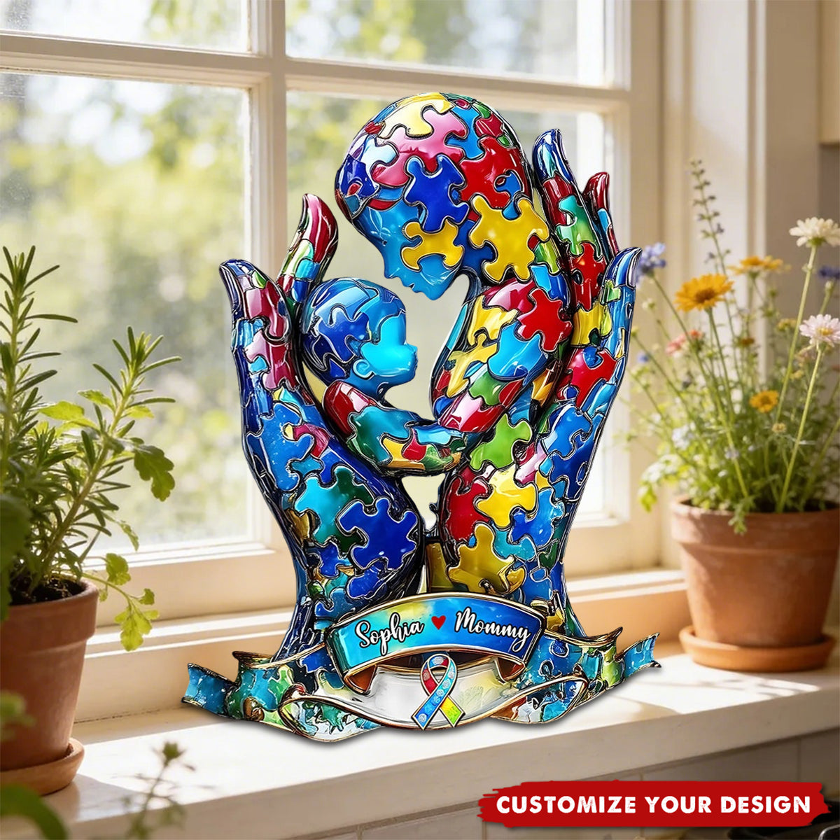 Mom And Kid - Personalized Autism Awareness Custom Shaped Acrylic Plaque